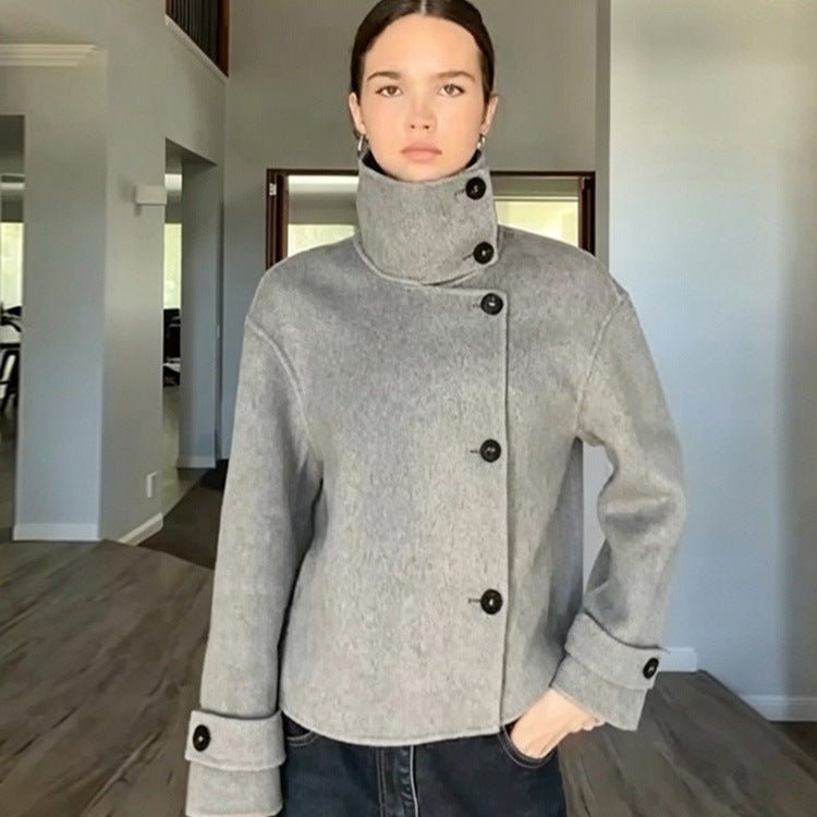 Women's Short Wool Blend Coat with Asymmetrical Button Placket and High Standing Collar Chichicherry - Chichicherry