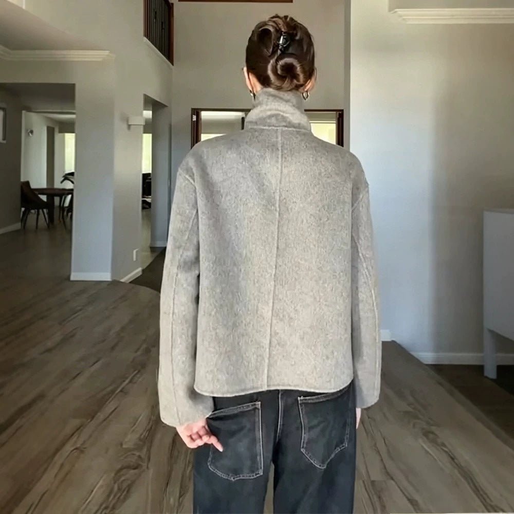 Women's Short Wool Blend Coat with Asymmetrical Button Placket and High Standing Collar Chichicherry - Chichicherry
