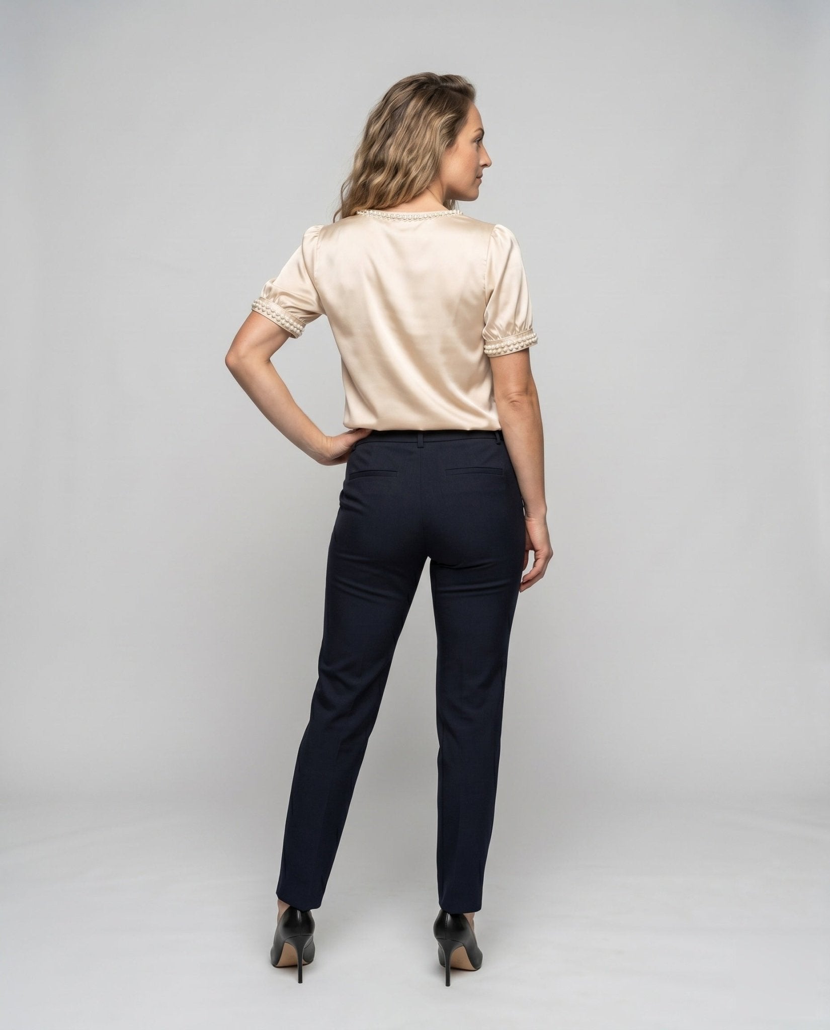 Women's silk blouse with pearl-embellished round neckline and slight puff sleeves - Chichicherry