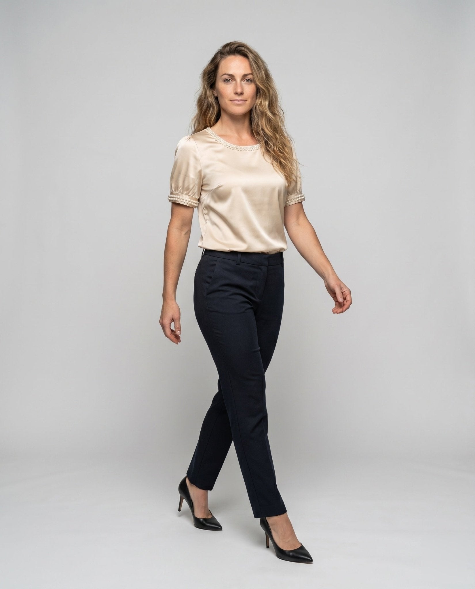 Women's silk blouse with pearl-embellished round neckline and slight puff sleeves - Chichicherry