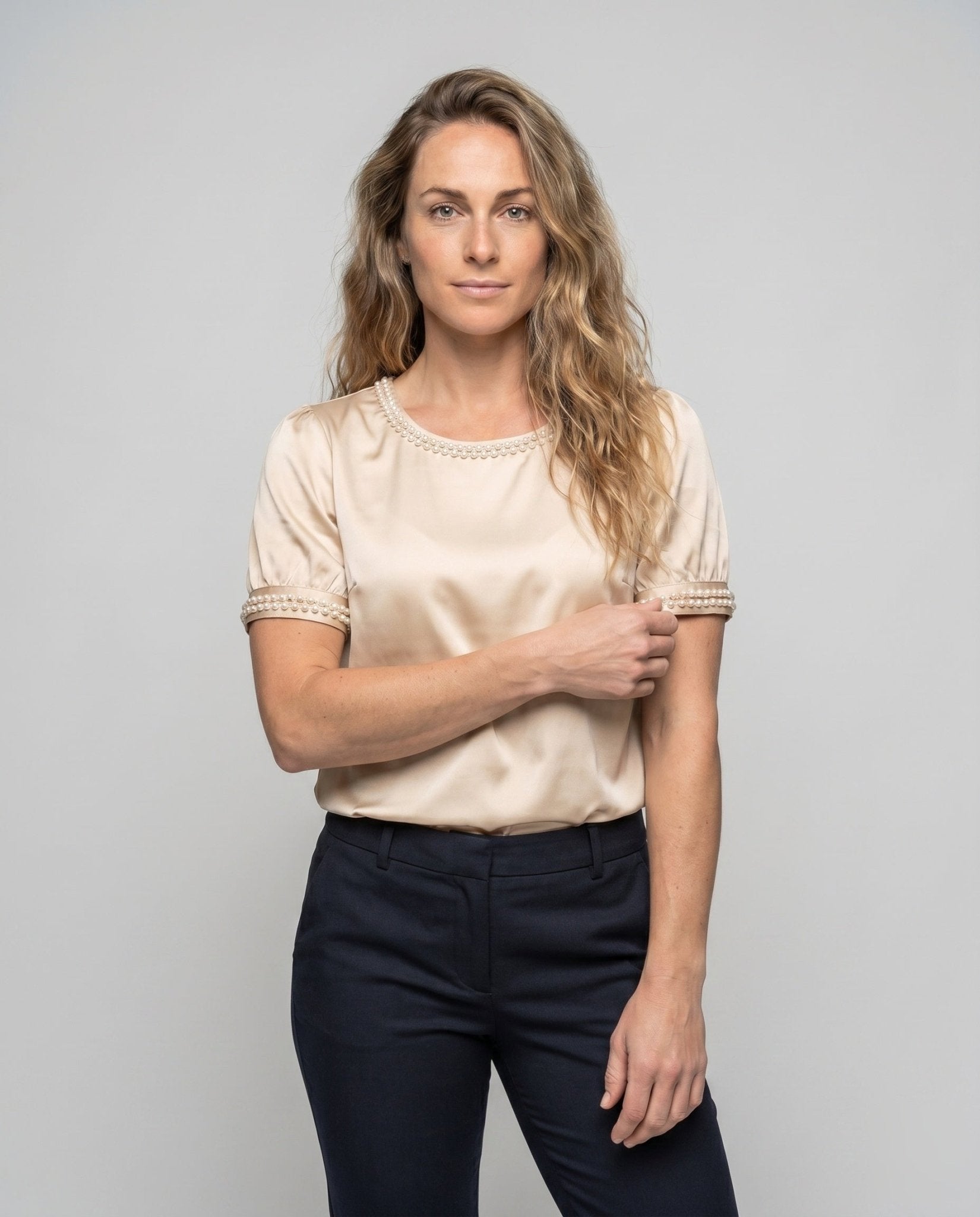 Women's silk blouse with pearl-embellished round neckline and slight puff sleeves - Chichicherry