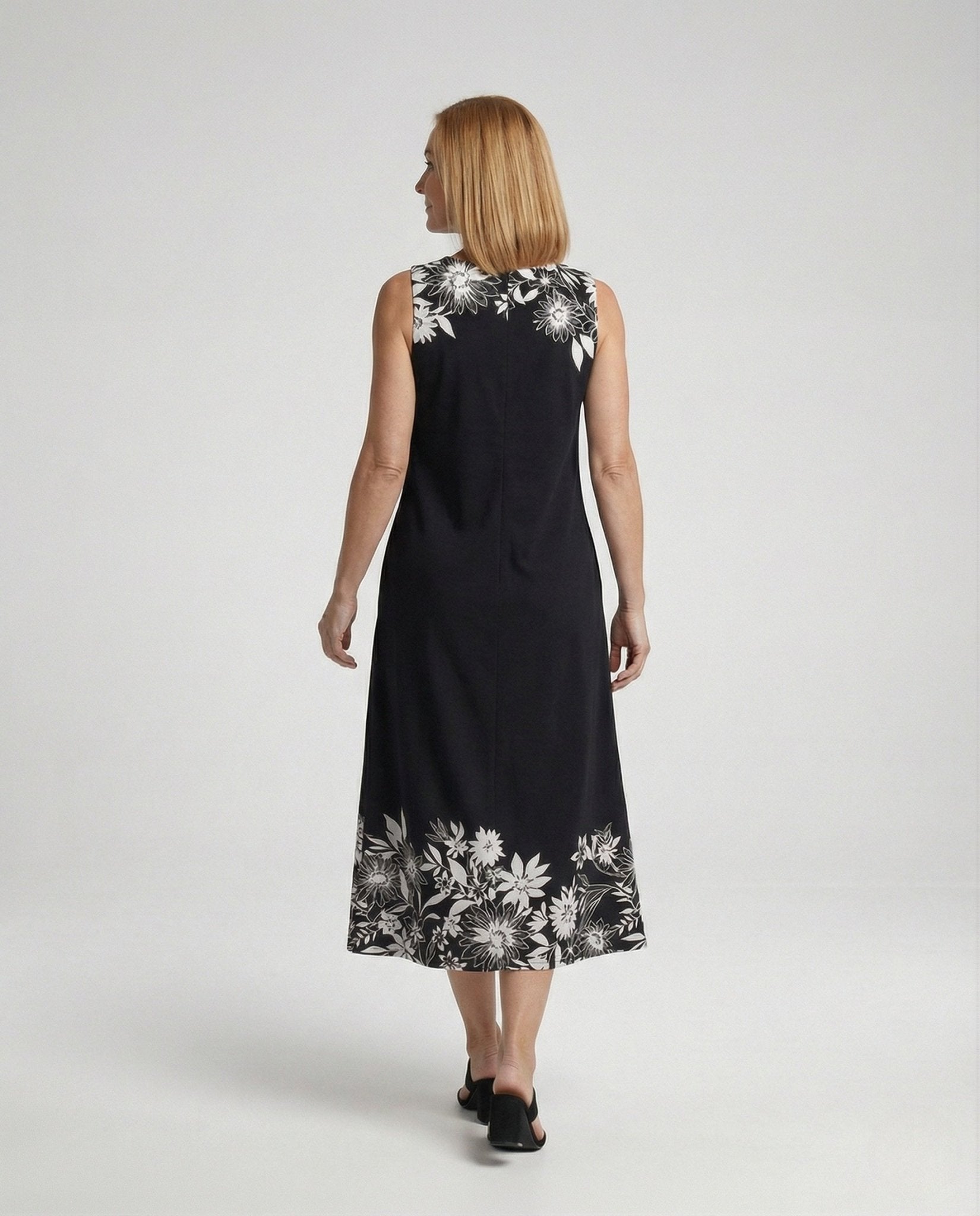 Women's Sleeveless A-Line Midi Dress with Floral Trim - Chichicherry