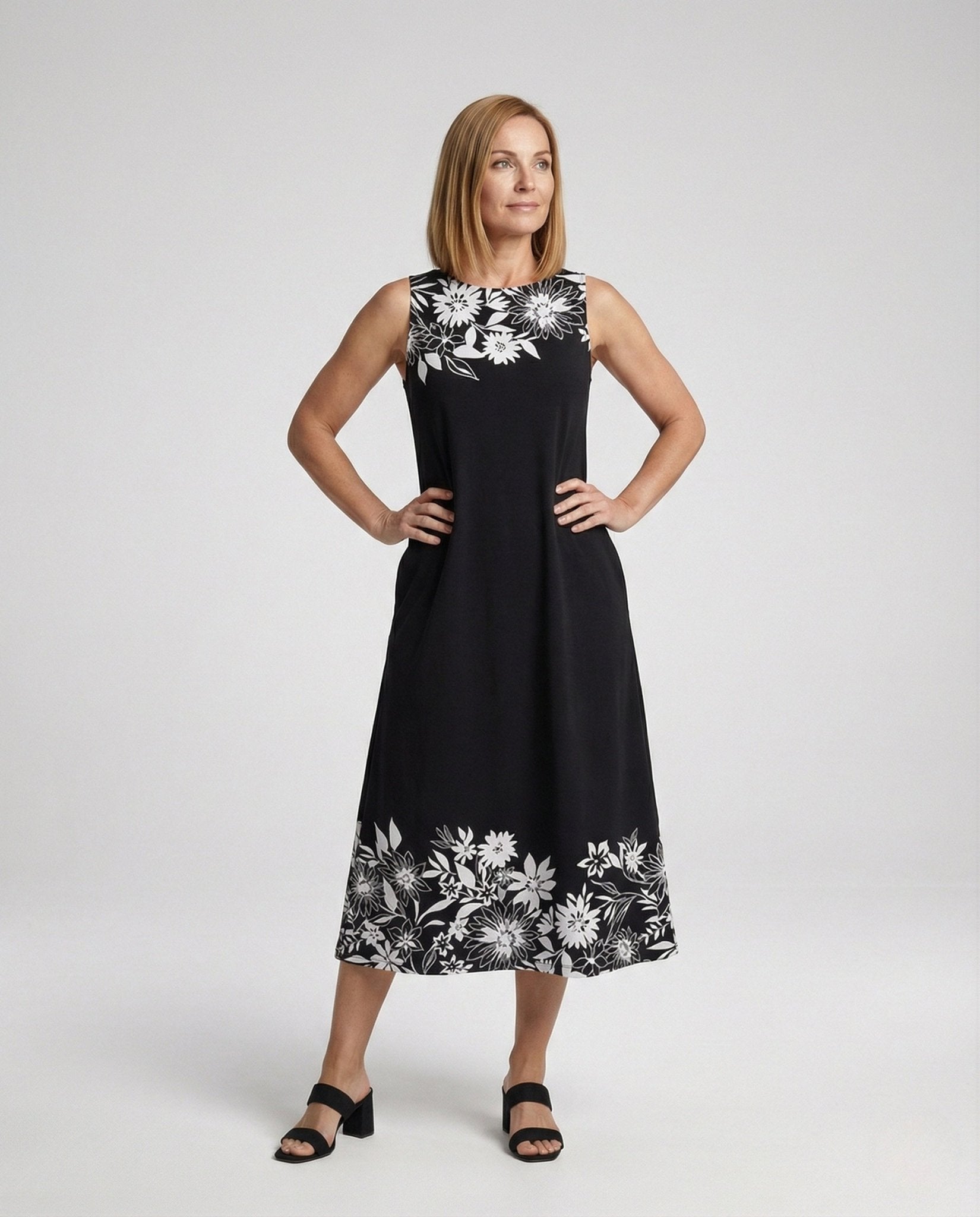 Women's Sleeveless A-Line Midi Dress with Floral Trim - Chichicherry