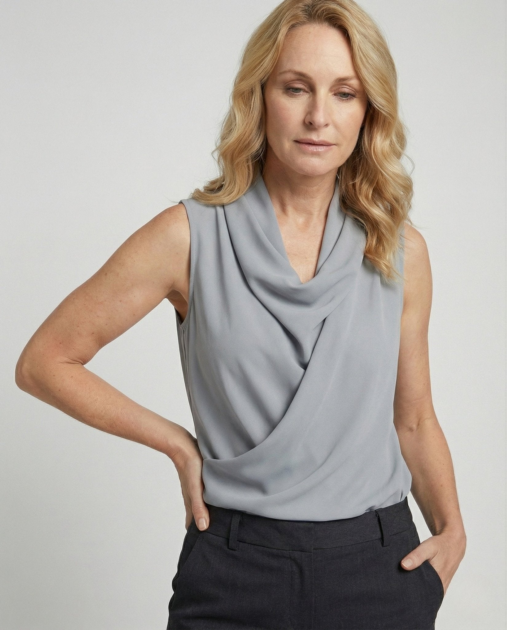 Women's Sleeveless Georgette Top with Shawl Collar - Chichicherry