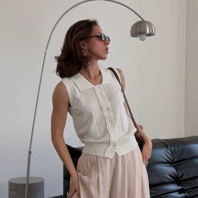 Women's Sleeveless Knit Top with Shirt Collar, Decorative Button Placket and Fine Texturing Chichicherry - Chichicherry