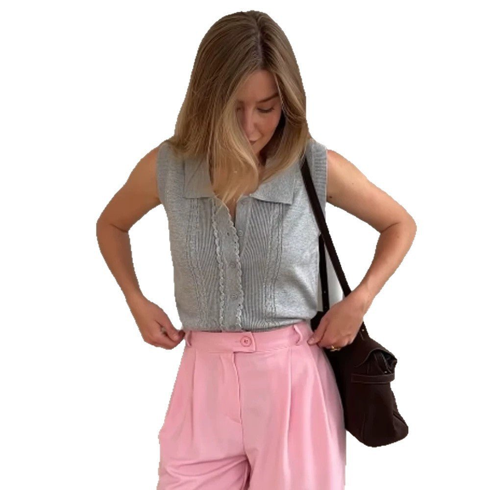 Women's Sleeveless Knit Top with Shirt Collar, Decorative Button Placket and Fine Texturing Chichicherry - Chichicherry