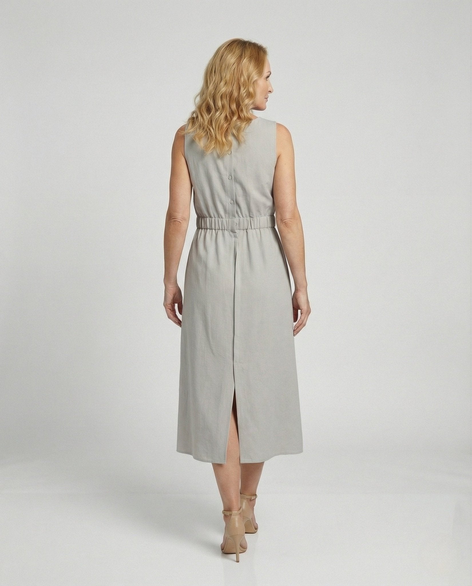 Women's Sleeveless Linen Midi Dress with Pockets - Chichicherry