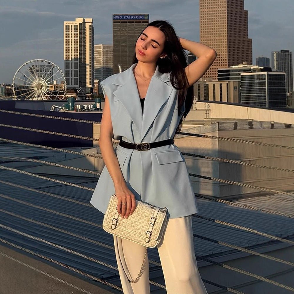 Women's Sleeveless Long Blazer Vest with Emphasized Shoulder and Waist Shape Chichicherry - Chichicherry
