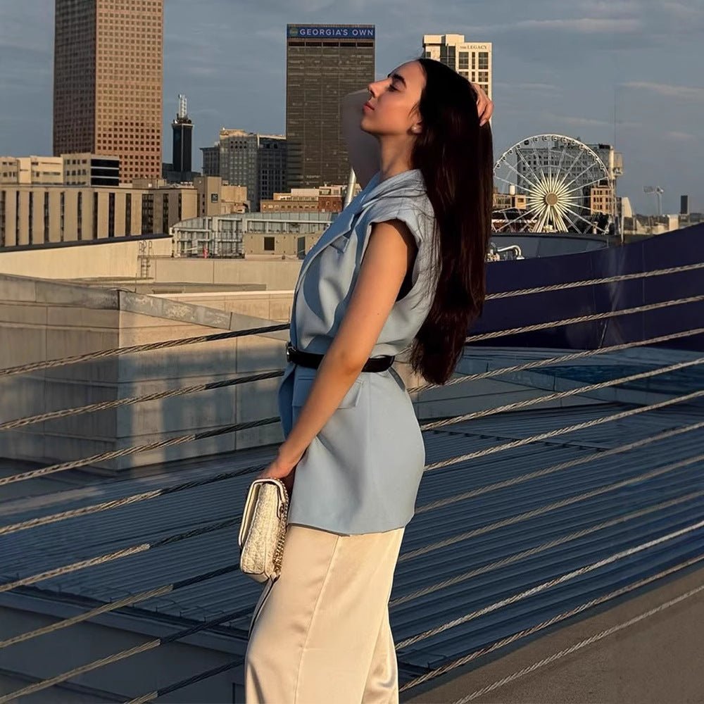 Women's Sleeveless Long Blazer Vest with Emphasized Shoulder and Waist Shape Chichicherry - Chichicherry