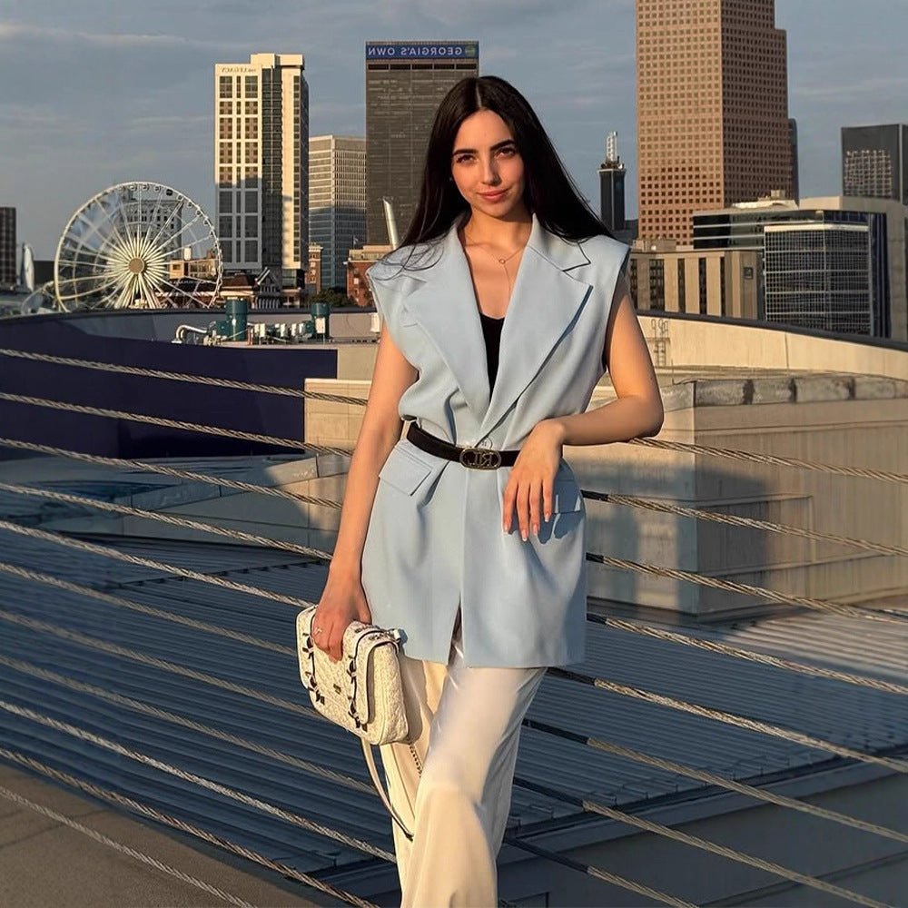 Women's Sleeveless Long Blazer Vest with Emphasized Shoulder and Waist Shape Chichicherry - Chichicherry