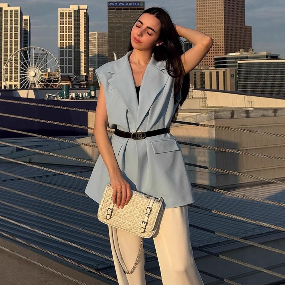 Women's Sleeveless Long Blazer Vest with Emphasized Shoulder and Waist Shape Chichicherry - Chichicherry