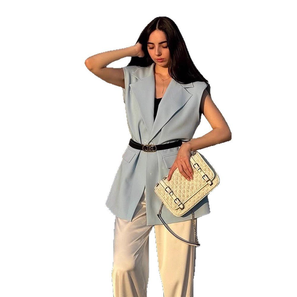 Women's Sleeveless Long Blazer Vest with Emphasized Shoulder and Waist Shape Chichicherry - Chichicherry