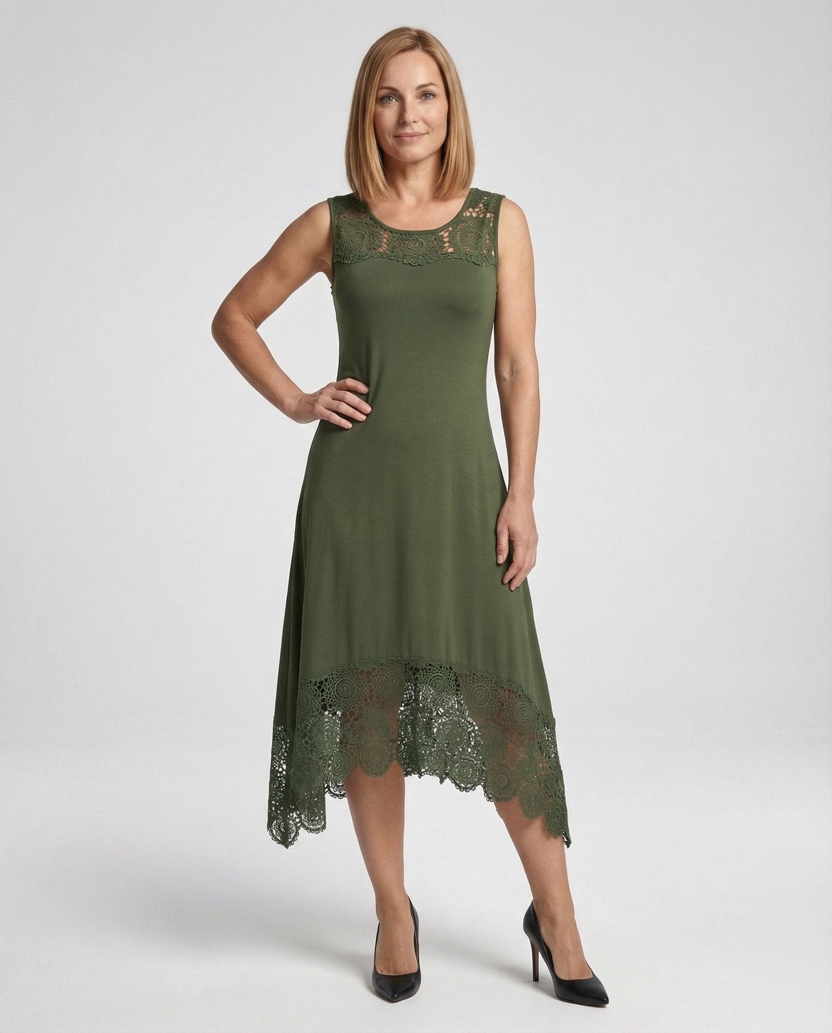 Women's sleeveless maxi dress with lace appliqué and asymmetrical hem - Chichicherry