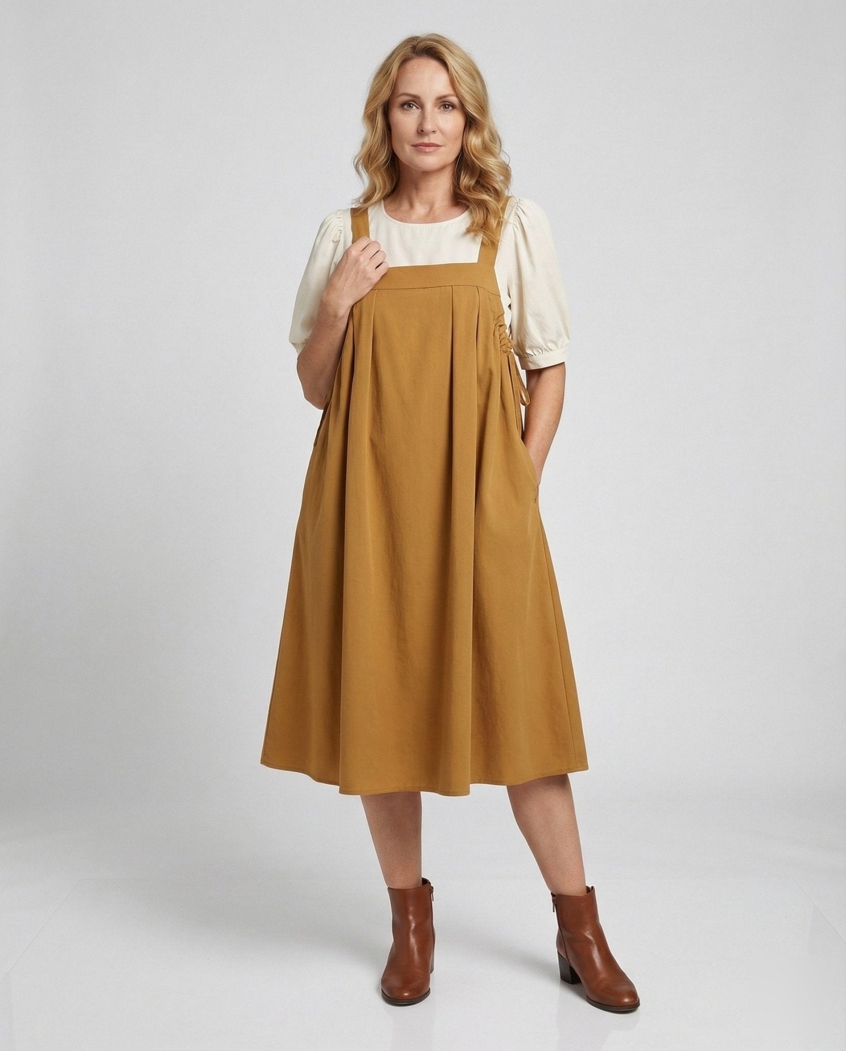 Women's Sleeveless Overall Dress with Pleated Skirt - Chichicherry