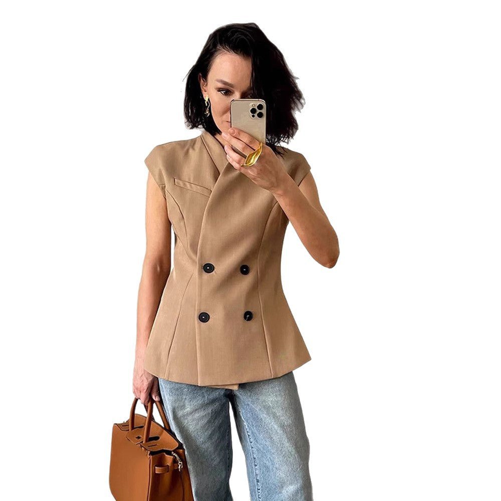 Women's sleeveless tailored blazer vest with double button placket & structured shoulder part Chichicherry - Chichicherry