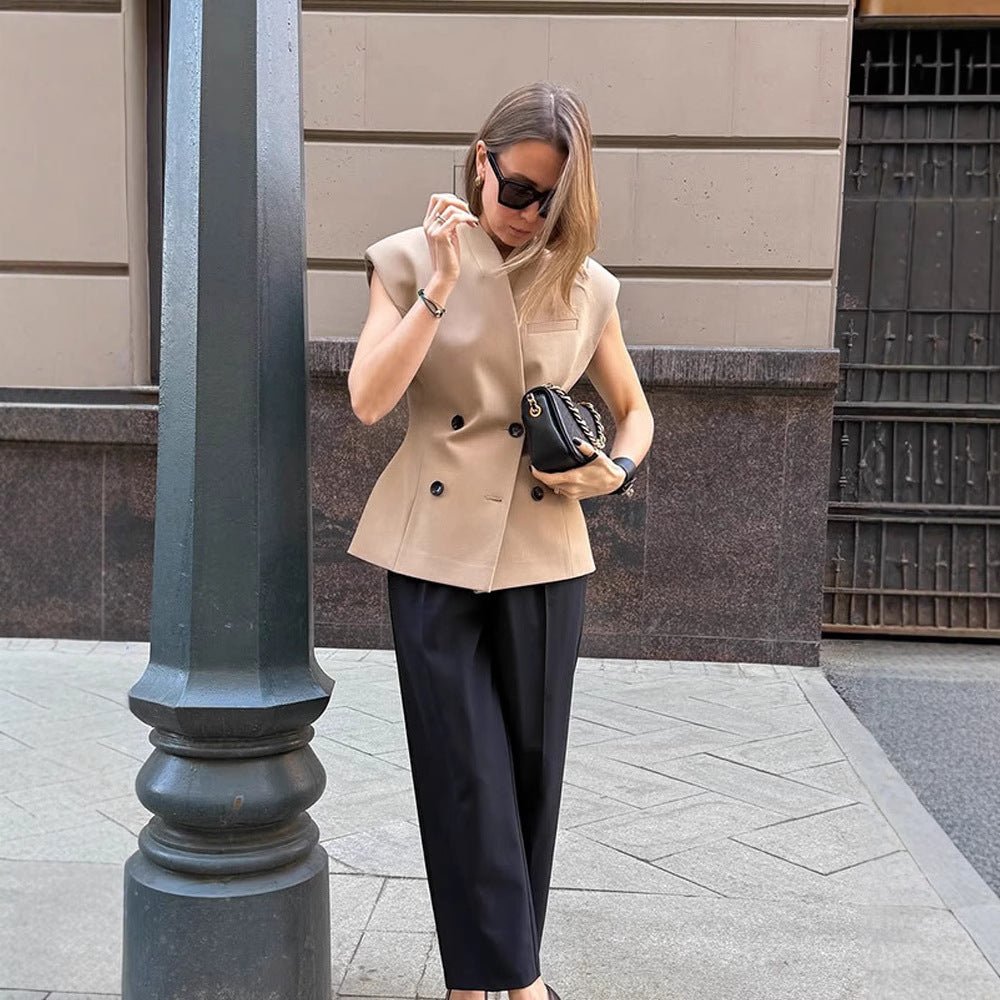 Women's sleeveless tailored blazer vest with double button placket & structured shoulder part Chichicherry - Chichicherry