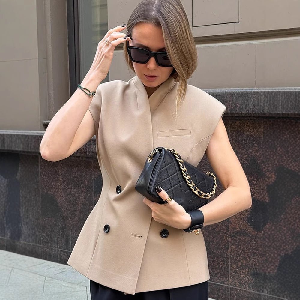 Women's sleeveless tailored blazer vest with double button placket & structured shoulder part Chichicherry - Chichicherry