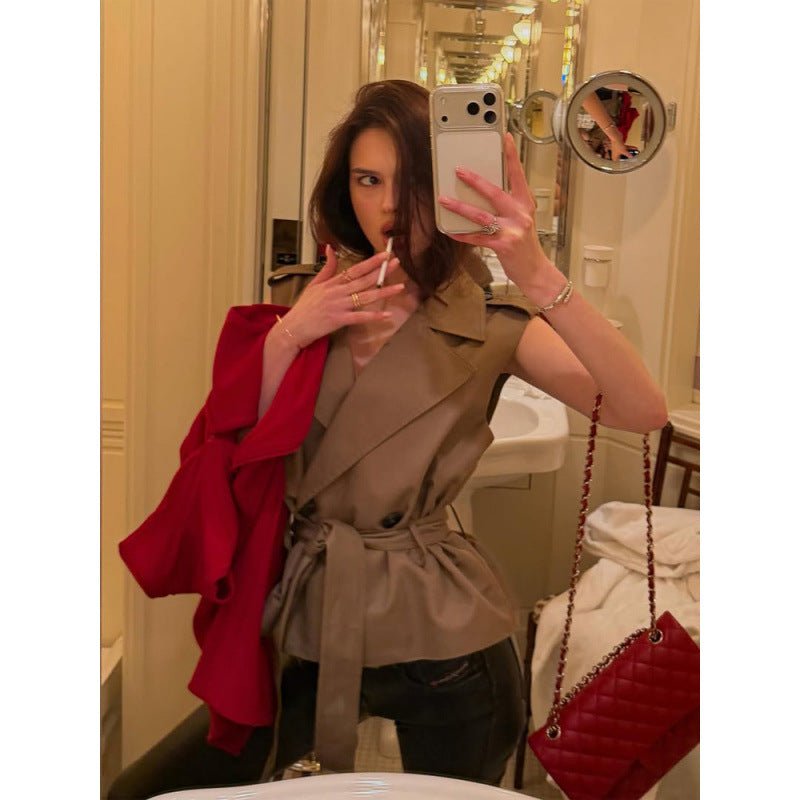 Women’s Sleeveless Tailored Trench Vest with Ties & Shoulder Flaps Chichicherry - Chichicherry