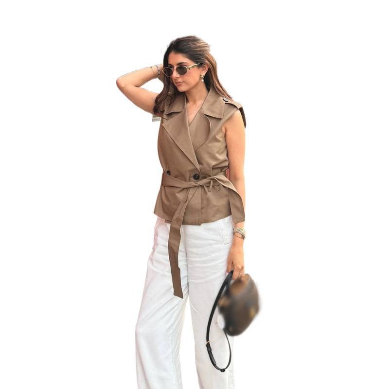 Women’s Sleeveless Tailored Trench Vest with Ties & Shoulder Flaps Chichicherry - Chichicherry