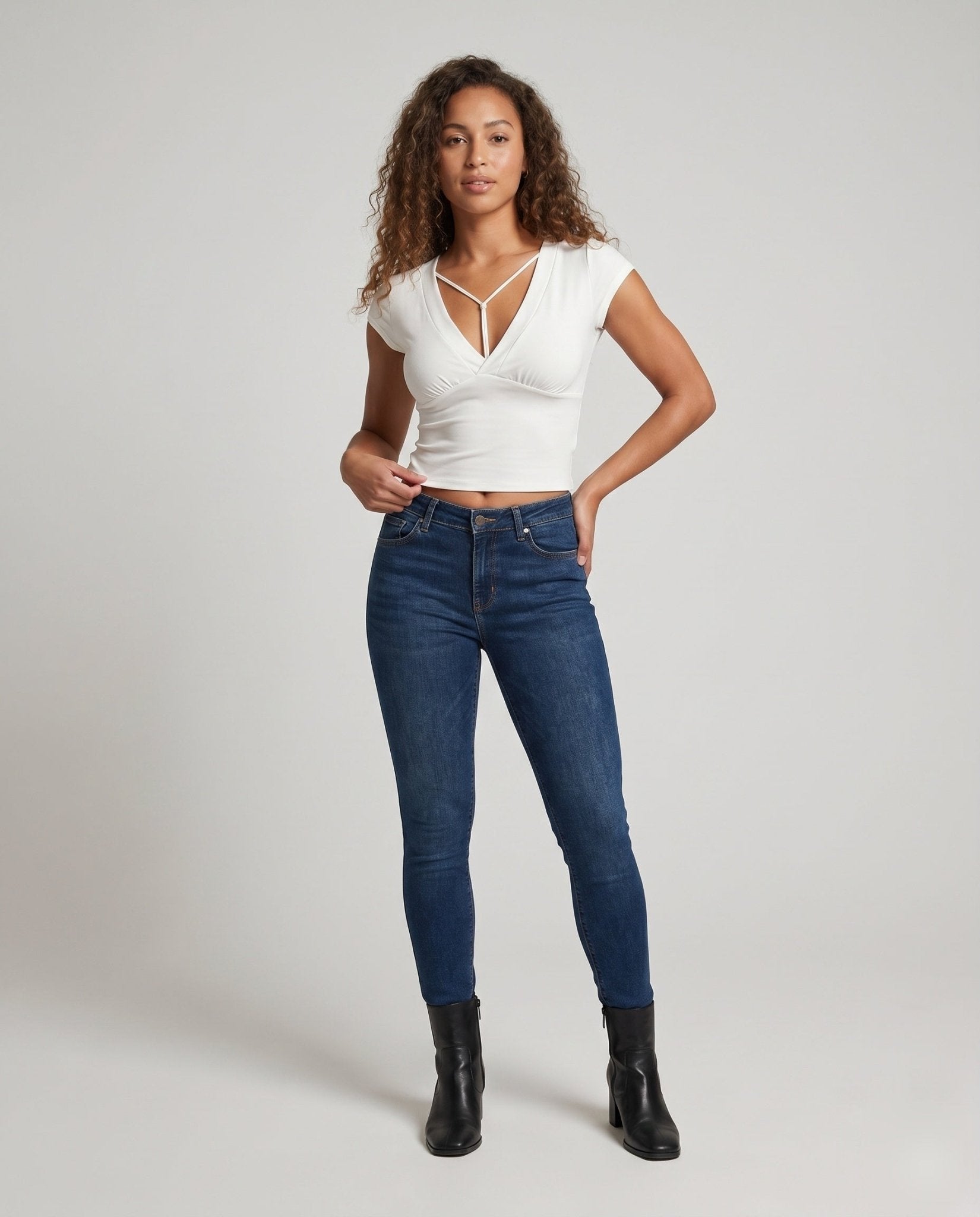 Women's slim fit V-neck top with decorative strap design - Chichicherry