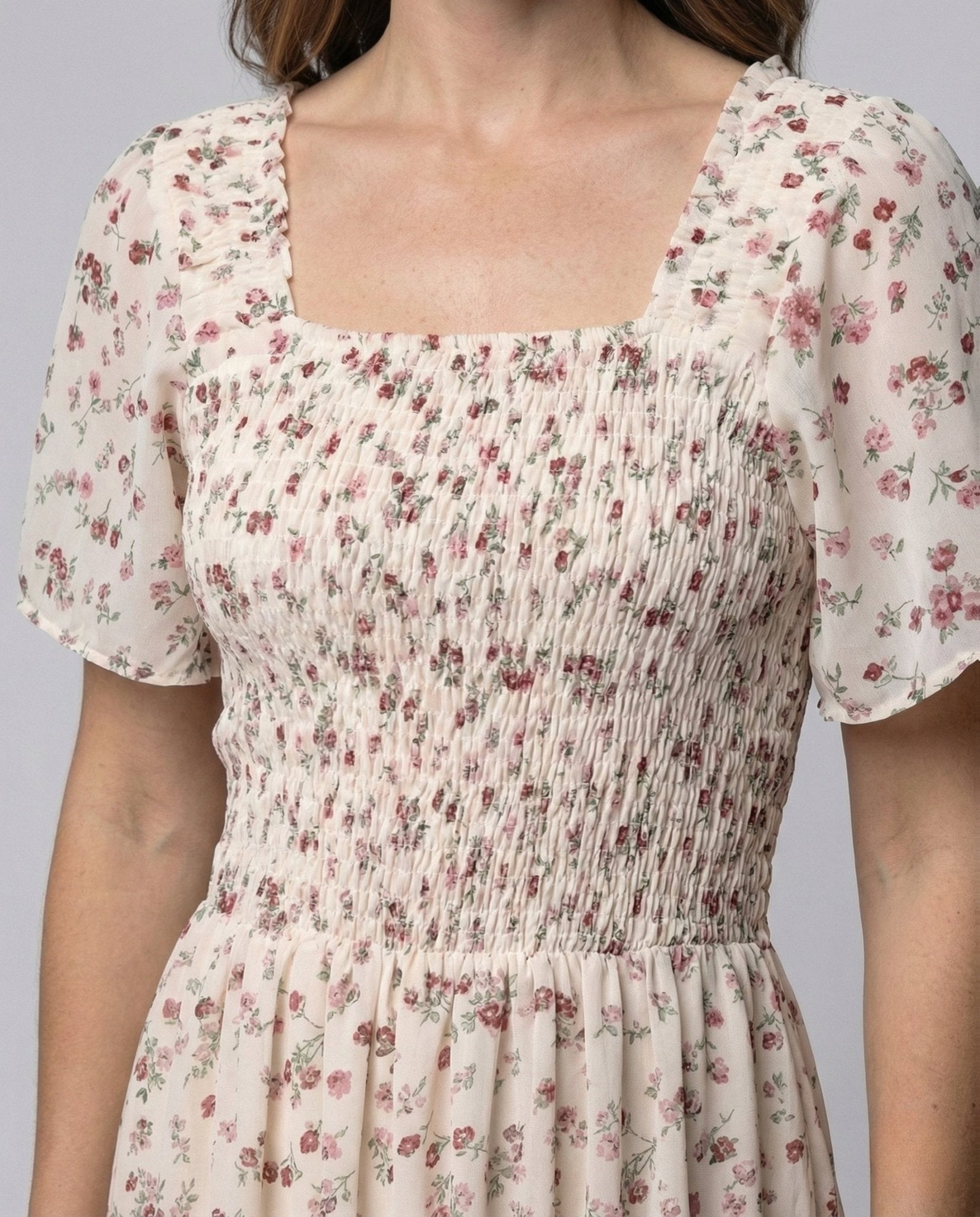 Women's Smocked Midi Dress with Puff Sleeves - Chichicherry