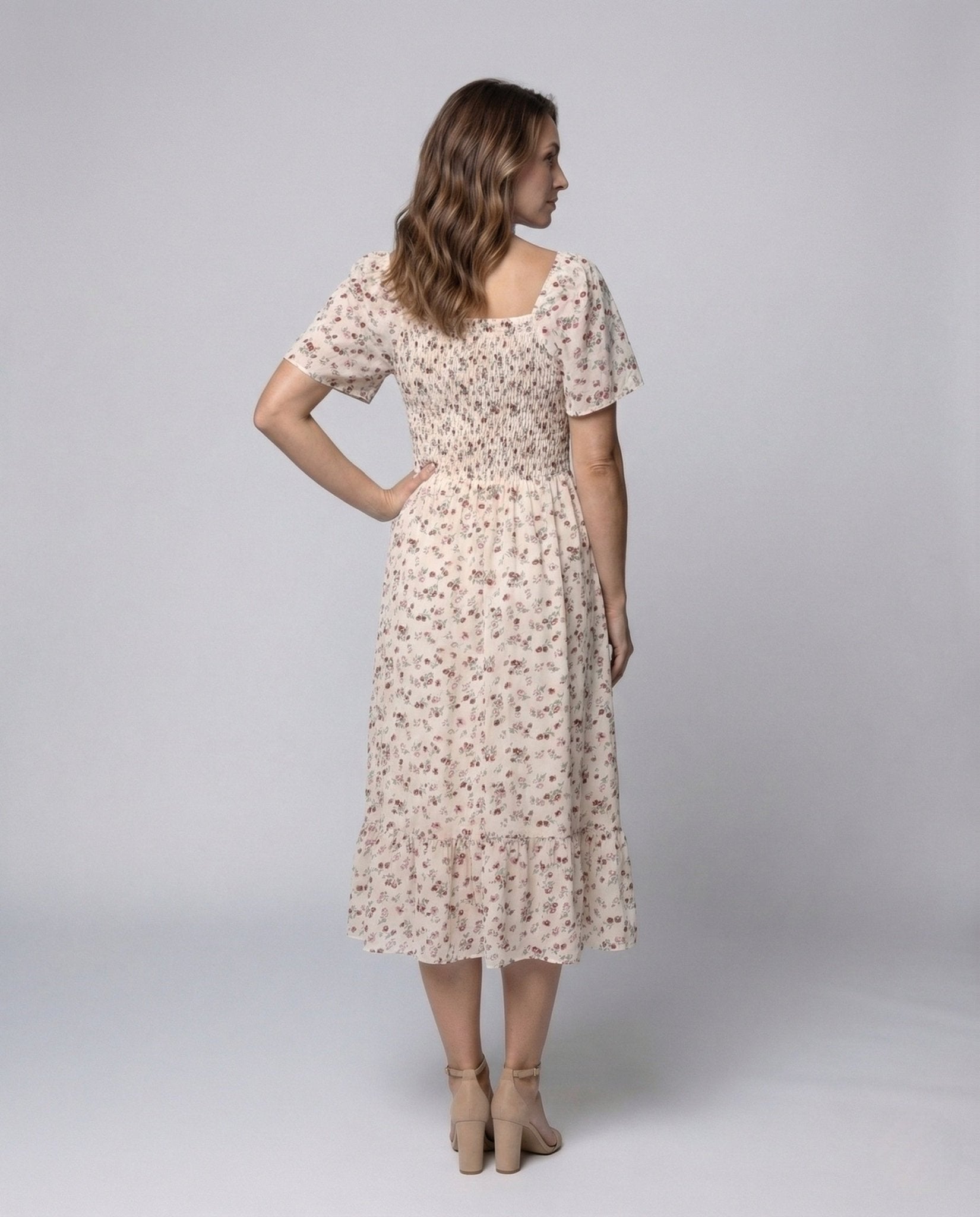 Women's Smocked Midi Dress with Puff Sleeves - Chichicherry