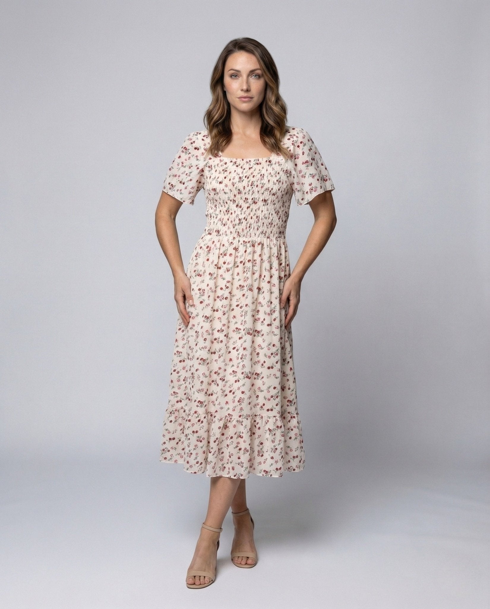 Women's Smocked Midi Dress with Puff Sleeves - Chichicherry