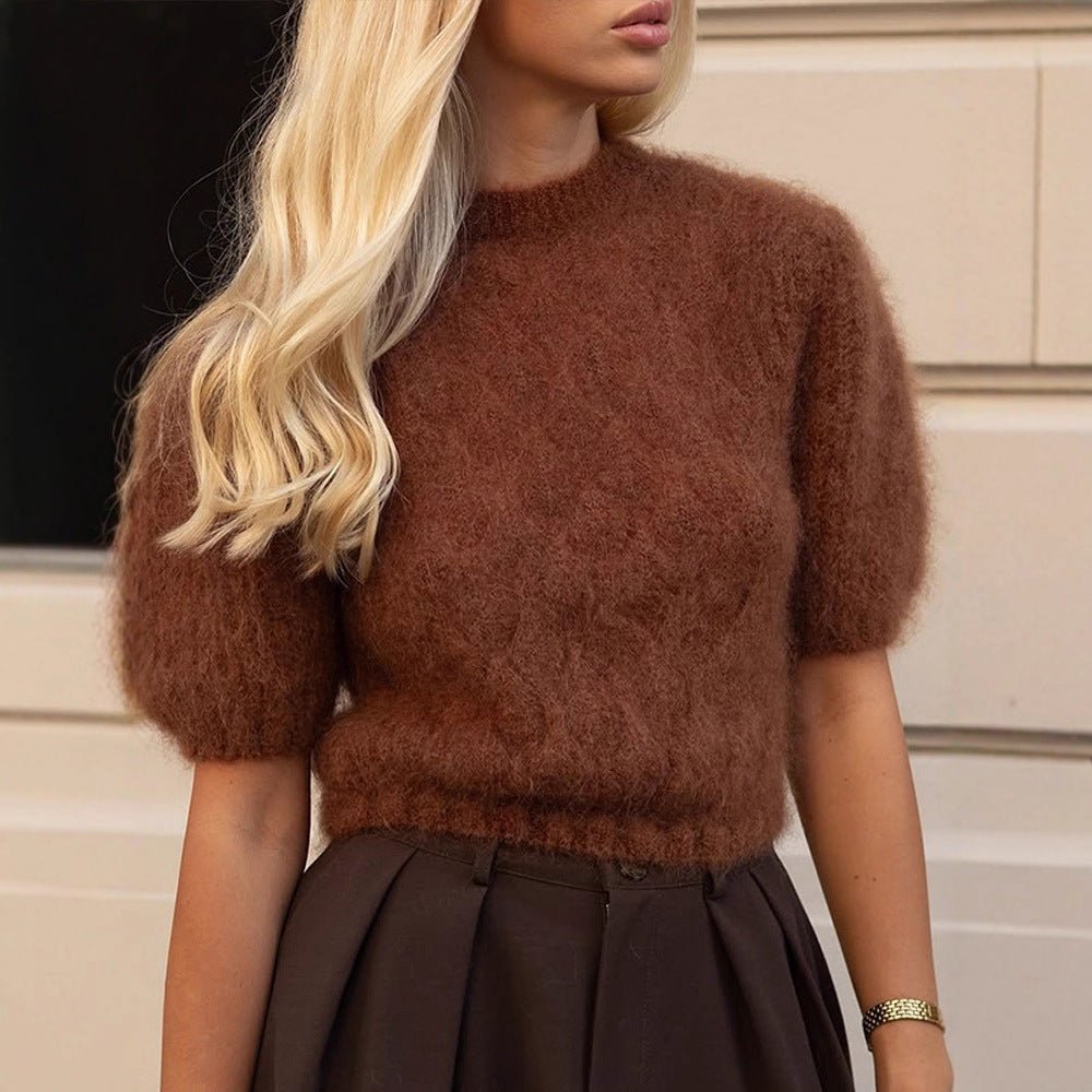 Women's Soft Short-Cut Mohair Blend Sweater with Short Sleeves and Stand-Up Collar Chichicherry - Chichicherry