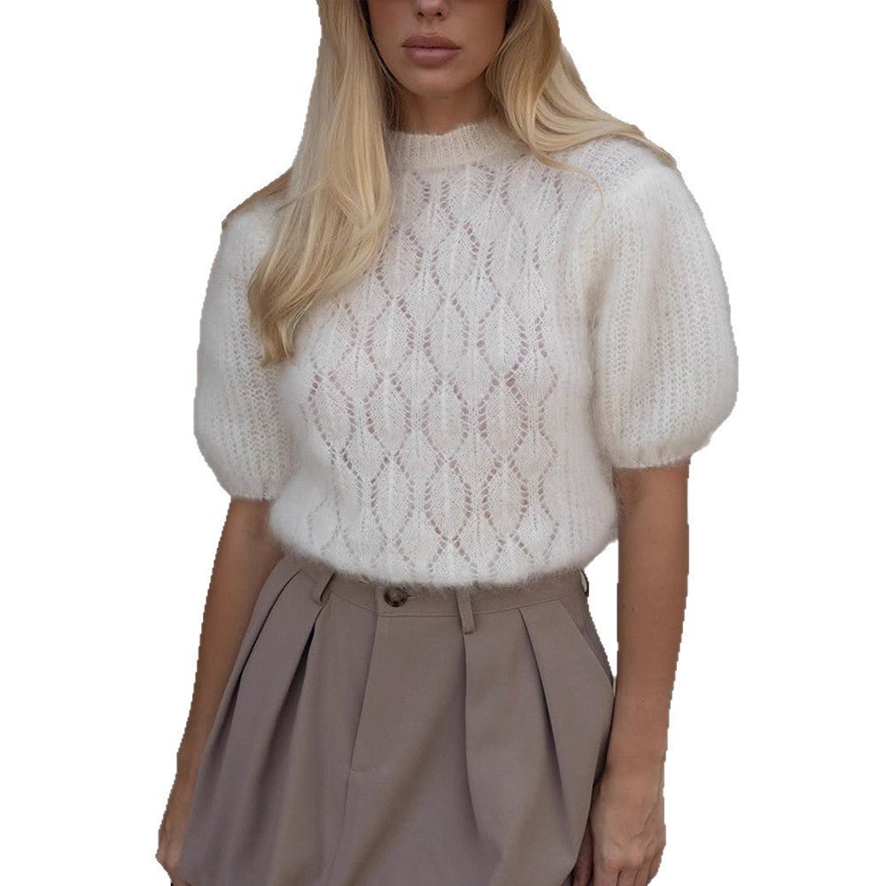 Women's Soft Short-Cut Mohair Blend Sweater with Short Sleeves and Stand-Up Collar Chichicherry - Chichicherry