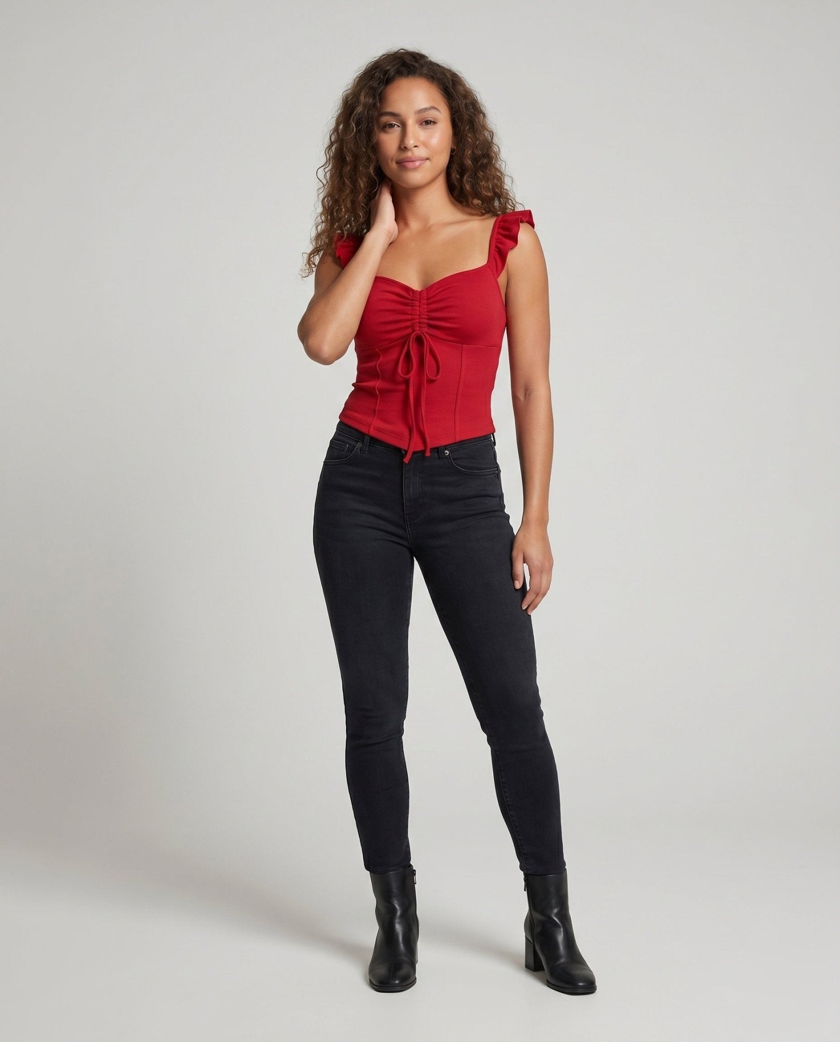 Women's spaghetti strap blouse with ruffle details and fitted cut - Chichicherry