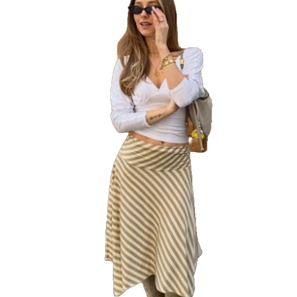 Women's Striped A-Line Midi Skirt with Asymmetrical Hem and Flowing Silhouette Chichicherry - Chichicherry