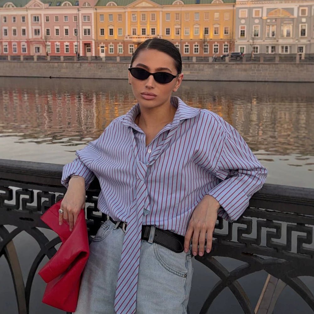 Women's Striped Blouse with Integrated Tie Detail & Oversized Cut Chichicherry - Chichicherry