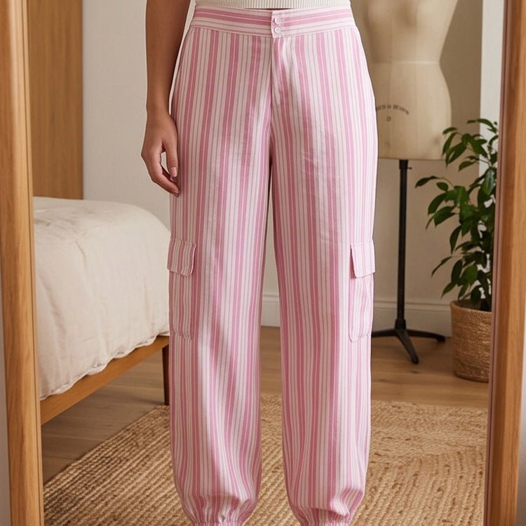 Women's Striped Cargo Lounge Pants with High Waist, Elastic Ankle Cuffs and Flap Pockets Chichicherry - Chichicherry