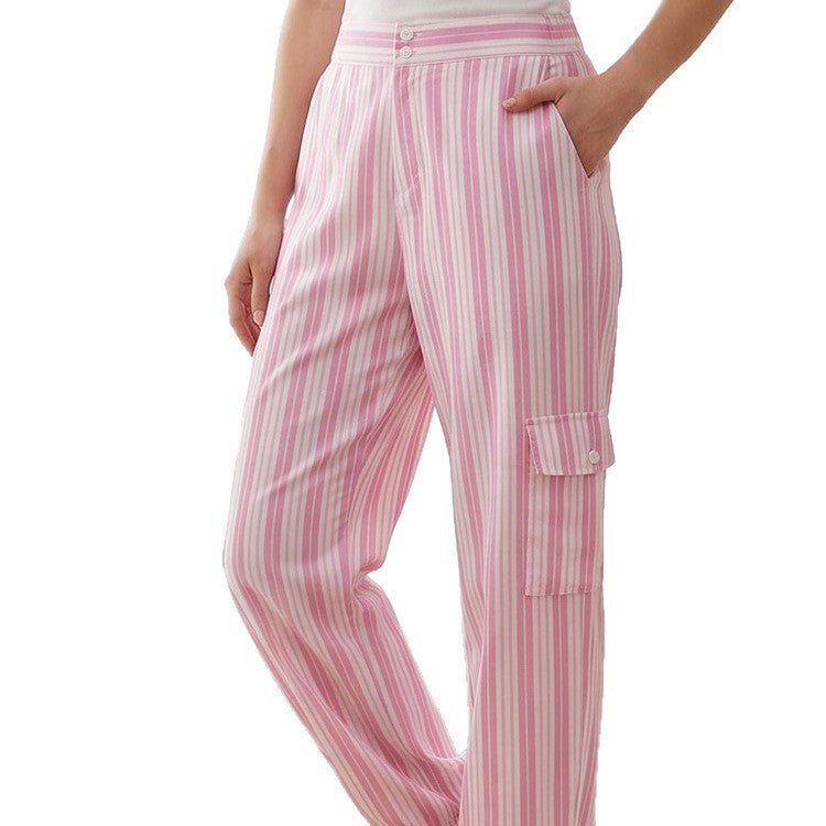 Women's Striped Cargo Lounge Pants with High Waist, Elastic Ankle Cuffs and Flap Pockets Chichicherry - Chichicherry