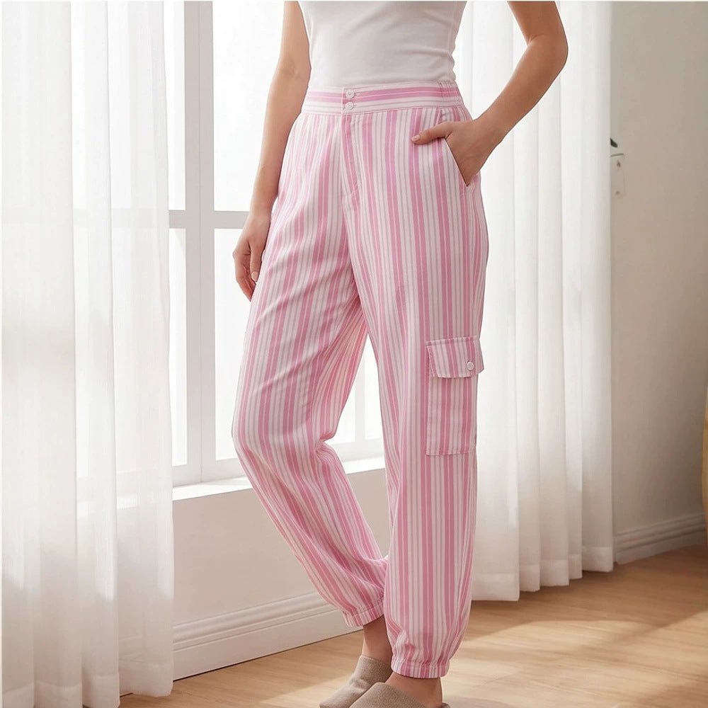 Women's Striped Cargo Lounge Pants with High Waist, Elastic Ankle Cuffs and Flap Pockets Chichicherry - Chichicherry