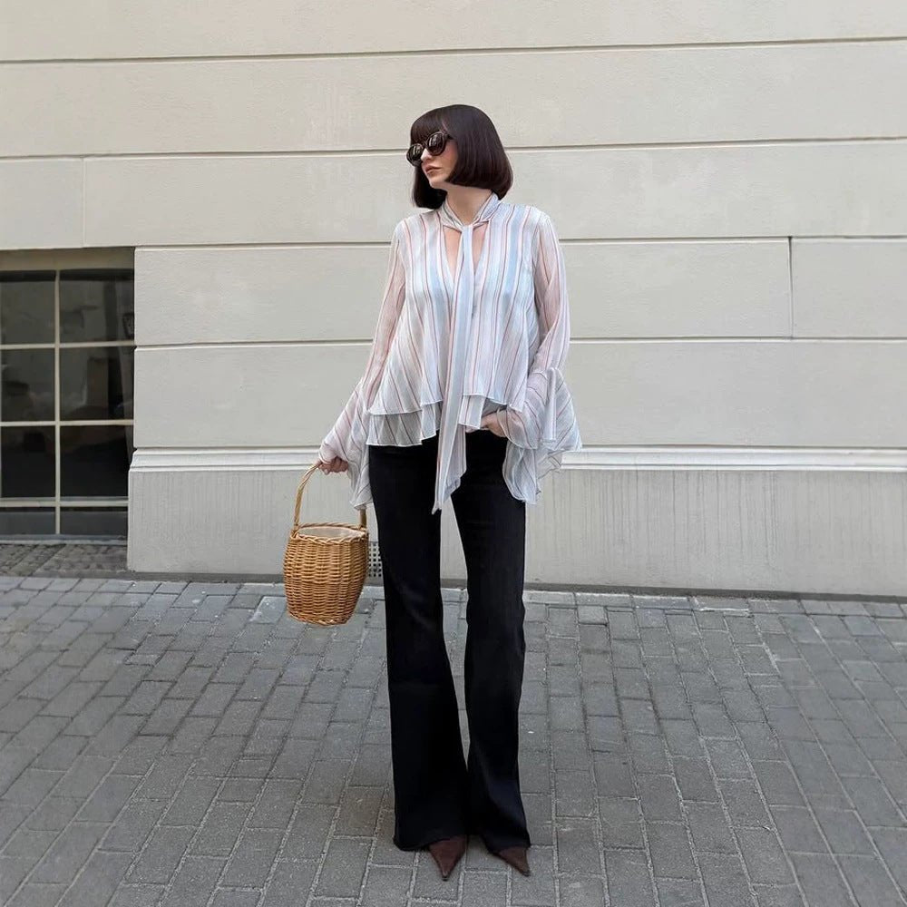 Women's Striped Chiffon Blouse with Tie Bow, Ruffled Hem & Bell Sleeves Chichicherry - Chichicherry