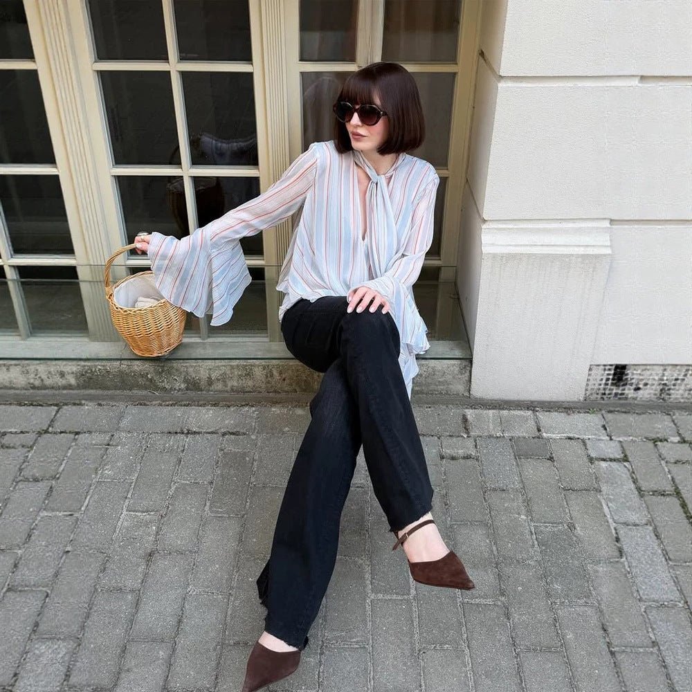 Women's Striped Chiffon Blouse with Tie Bow, Ruffled Hem & Bell Sleeves Chichicherry - Chichicherry