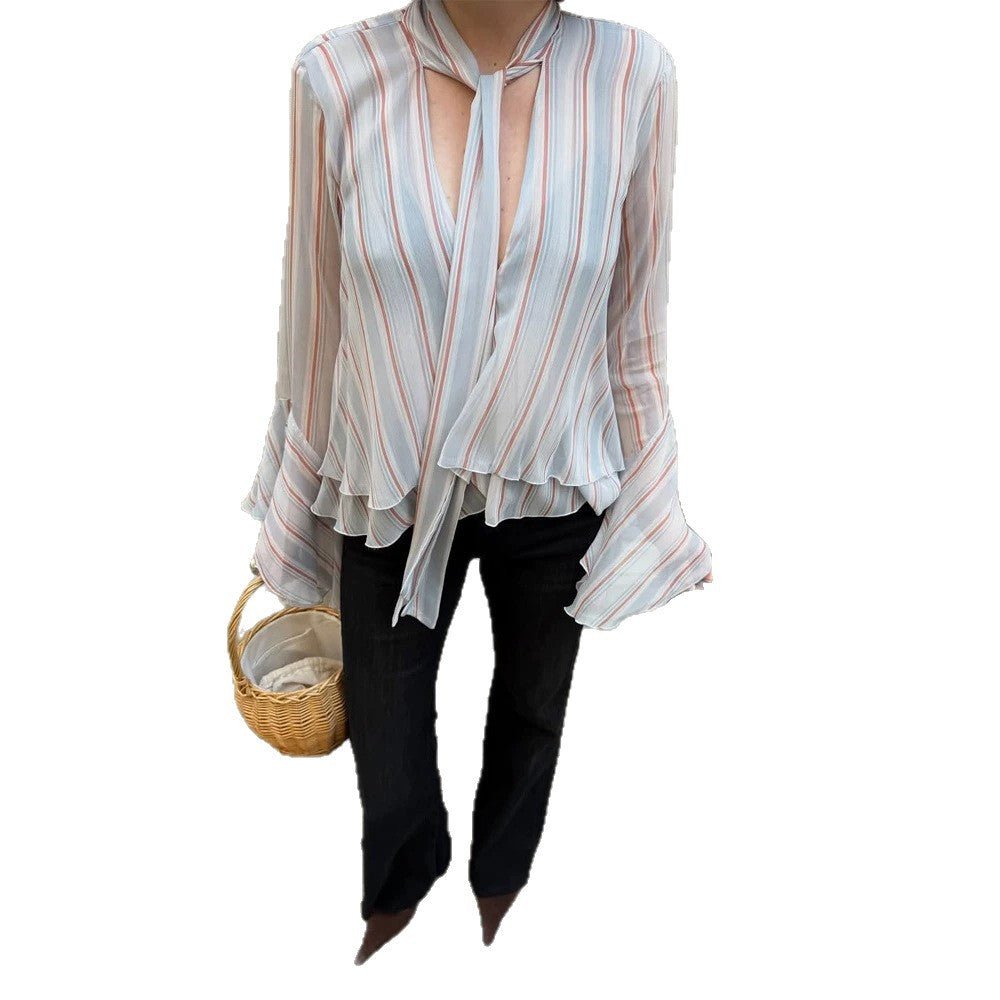 Women's Striped Chiffon Blouse with Tie Bow, Ruffled Hem & Bell Sleeves Chichicherry - Chichicherry