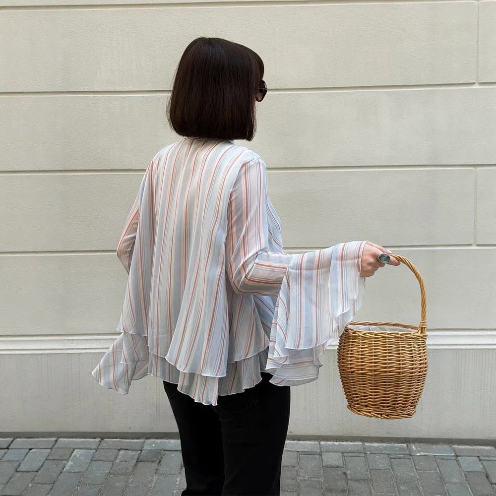 Women's Striped Chiffon Blouse with Tie Bow, Ruffled Hem & Bell Sleeves Chichicherry - Chichicherry