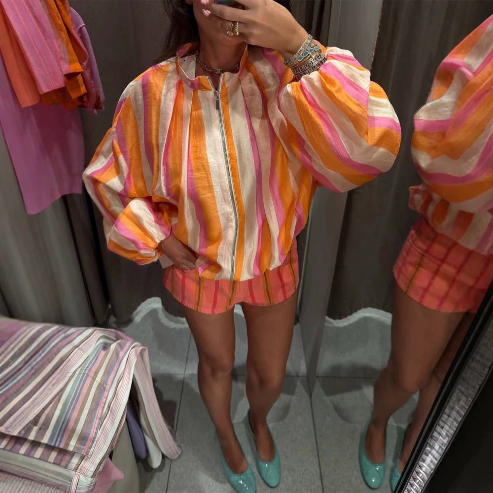 Women's Striped Lightweight Bomber Jacket with Balloon Sleeves and Stand Collar Chichicherry - Chichicherry
