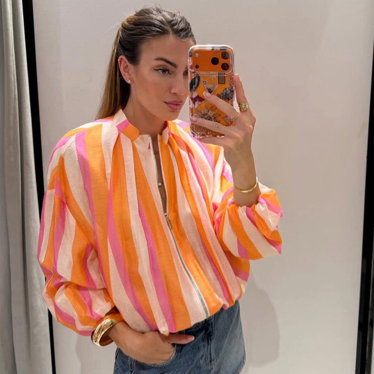 Women's Striped Lightweight Bomber Jacket with Balloon Sleeves and Stand Collar Chichicherry - Chichicherry