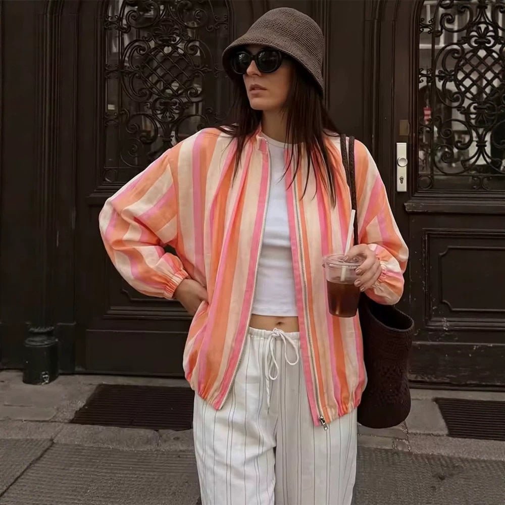 Women's Striped Lightweight Bomber Jacket with Balloon Sleeves and Stand Collar Chichicherry - Chichicherry