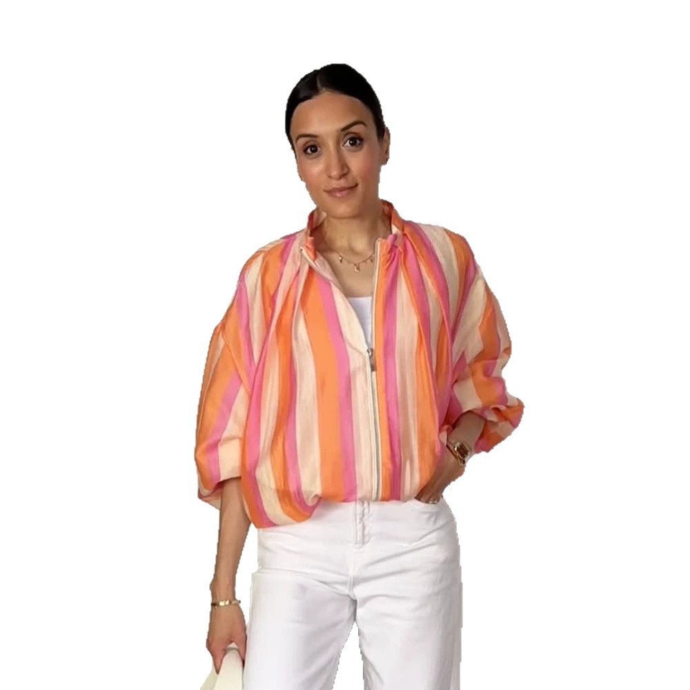 Women's Striped Lightweight Bomber Jacket with Balloon Sleeves and Stand Collar Chichicherry - Chichicherry