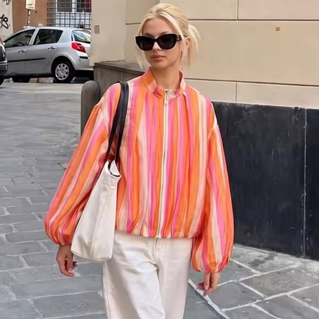 Women's Striped Lightweight Bomber Jacket with Balloon Sleeves and Stand Collar Chichicherry - Chichicherry