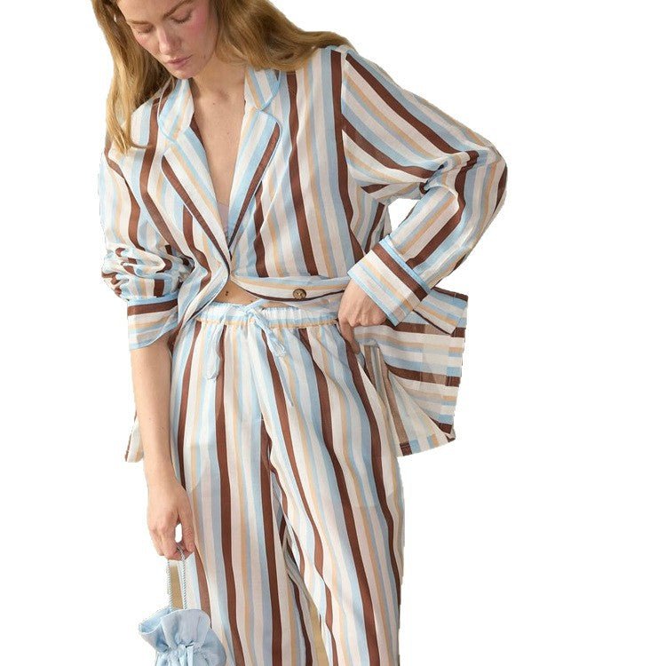 Women's Striped Lightweight Loungewear Set in Viscose with Cropped Shirt & Wide Cord Pants Chichicherry - Chichicherry