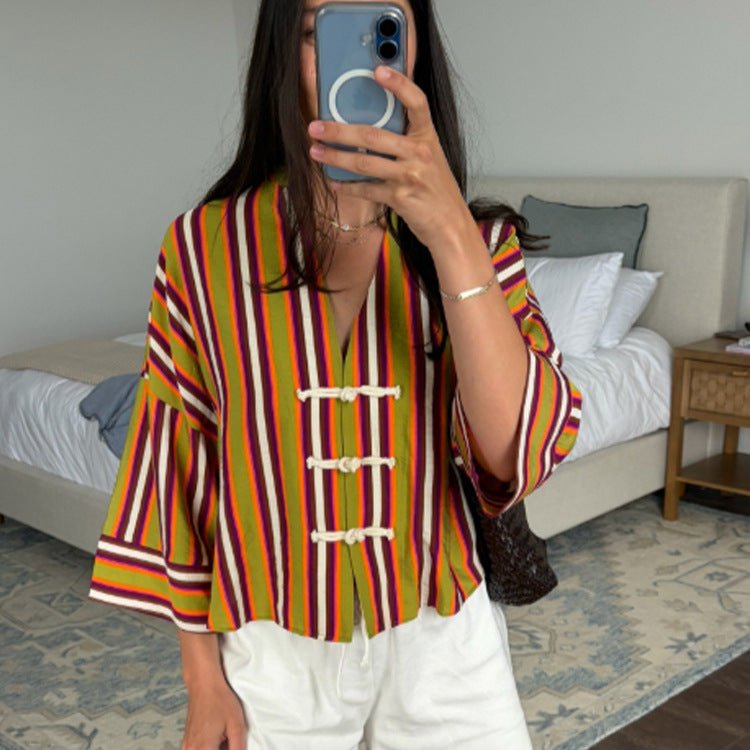 Women's Striped Lightweight Short Blouse with V-Neck, Three-Quarter Sleeves & Decorative Knot Closures Chichicherry - Chichicherry