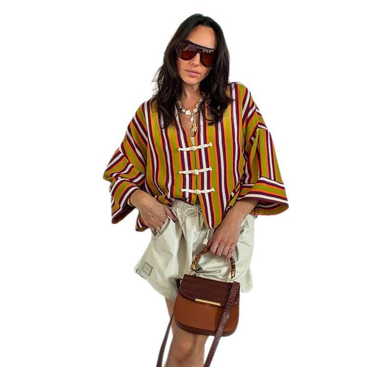 Women's Striped Lightweight Short Blouse with V-Neck, Three-Quarter Sleeves & Decorative Knot Closures Chichicherry - Chichicherry