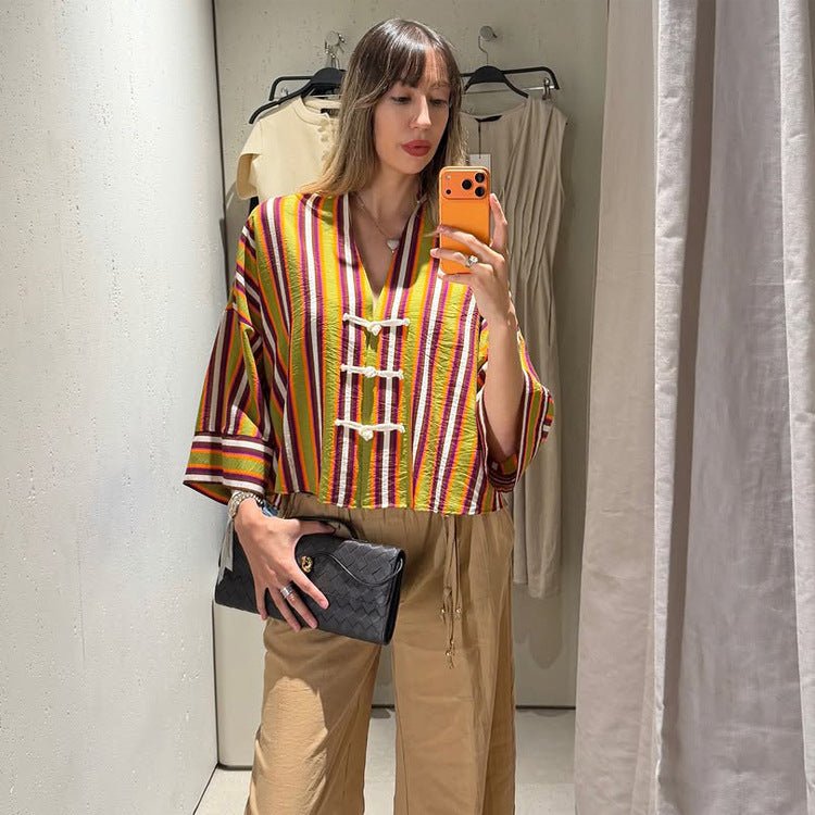 Women's Striped Lightweight Short Blouse with V-Neck, Three-Quarter Sleeves & Decorative Knot Closures Chichicherry - Chichicherry