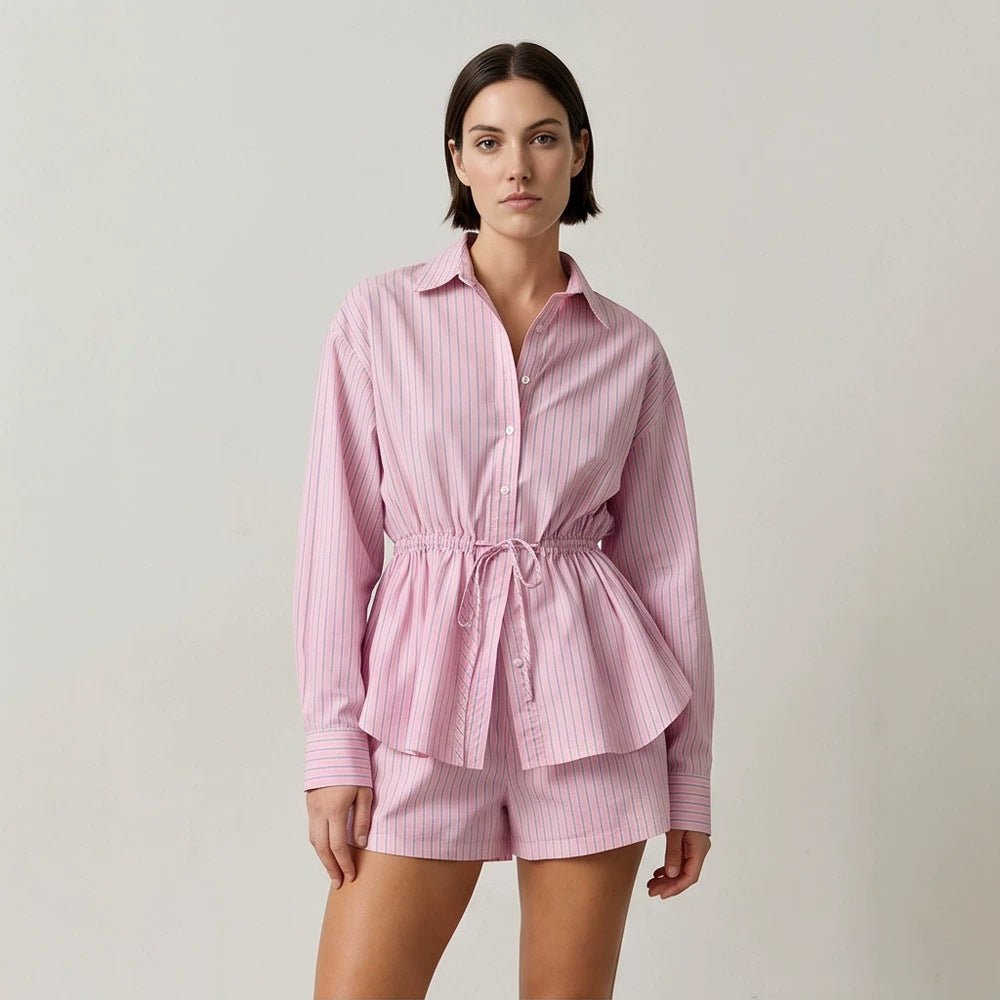 Women's Striped Loungewear Set made of Lightweight Cotton with Drawstring Waist & Shorts Chichicherry - Chichicherry