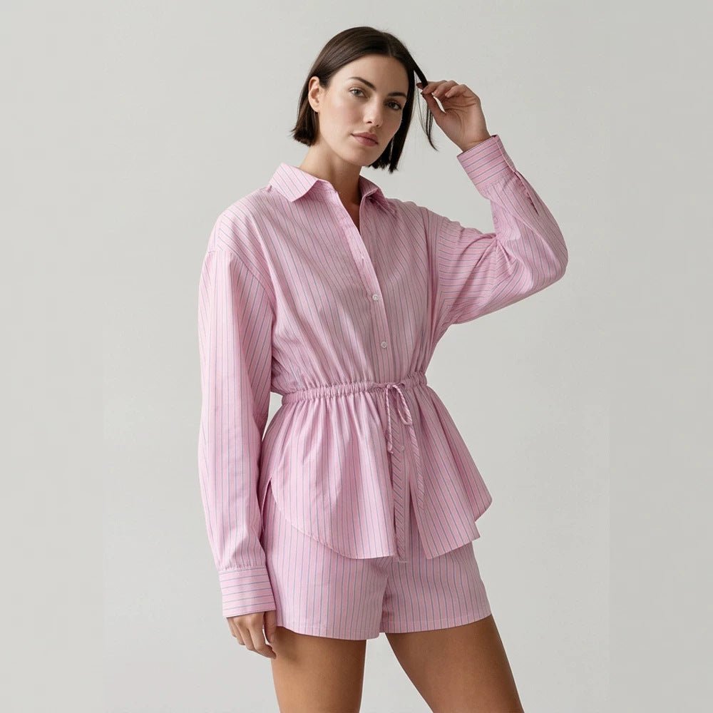 Women's Striped Loungewear Set made of Lightweight Cotton with Drawstring Waist & Shorts Chichicherry - Chichicherry